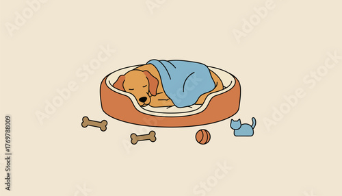 A dog sleeping in a comfy bed surrounded by favorite toys and a soft blanket.