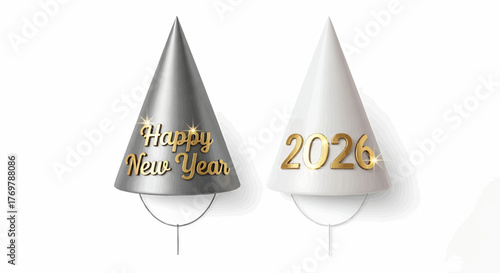 Two new year party hats, one silver with happy new year and one white with the year 2026 on them