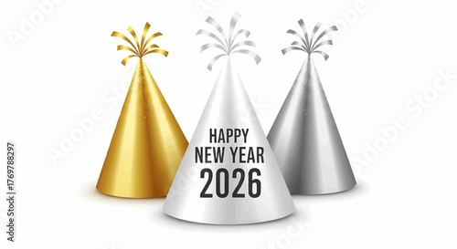 Three party hats in gold silver and white with happy new year text for the year of twenty twenty six