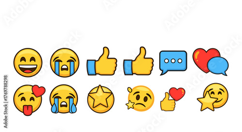 Collection of expressive emoji icons representing various emotions and reactions, including laughter, sadness, approval, love, and communication, set against a stark black background for maximum