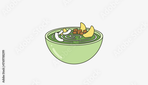Smoothie bowl art illustrating a colorful and delicious healthy breakfast, featuring green fresh ingredients and sweet crunchy toppings, presented on a minimal white background