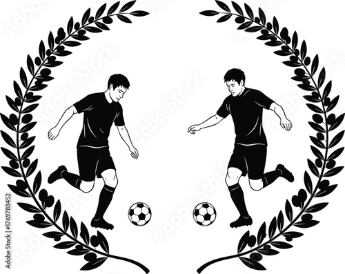 soccer, players, dribbling, silhouette, laurel, wreath, victory, achievement, sport, competition, teamwork