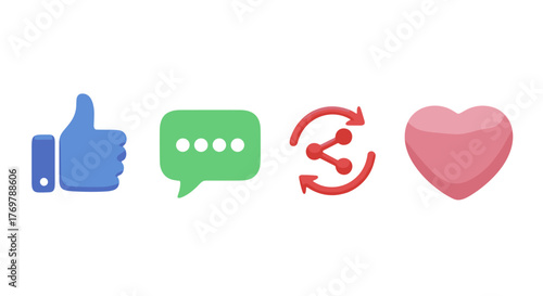 A vibrant 3D illustration showcases four popular social media icons: a blue thumbs-up, a green speech bubble with dots, a red share icon with arrows, and a pink heart, all isolated on a black
