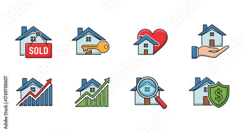 Collection of eight flat design icons representing real estate concepts, including a house with a "SOLD" sign, a house with a key, a house with a heart, a hand holding a house, a house with a rising