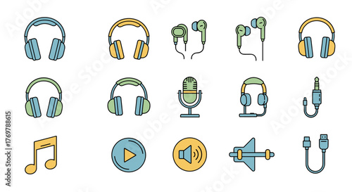Vivid and diverse collection of flat design icons related to audio and music, featuring various types of headphones, earbuds, a microphone, musical notes, play button, volume symbol, and audio jacks