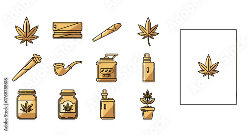 Golden cannabis leaf icons and symbols for smoking, vaping, and cultivation, including joints, pipes, grinders, jars, vaporizers, and potted plants, representing the marijuana industry and lifestyle