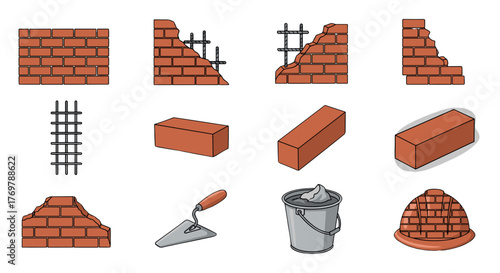 Collection of brick wall construction elements and tools, including different brick wall sections, reinforcement bars, individual bricks, a trowel, a bucket of mortar, and a brick helmet, perfect for