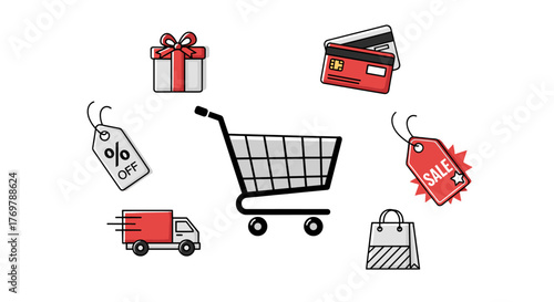 A vibrant and dynamic vector cartoon illustration set depicting various elements of online shopping and sales, including a shopping cart, gift box, credit cards, delivery truck, shopping bag, and