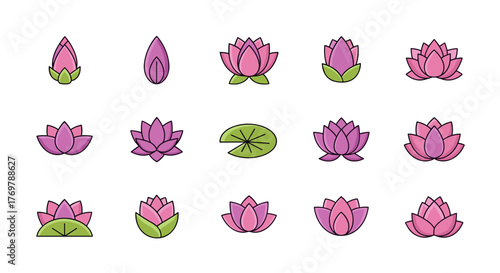 Collection of stylized lotus flower icons and illustrations in various stages of bloom, including buds and fully opened petals, set against a black background, representing purity, enlightenment, and