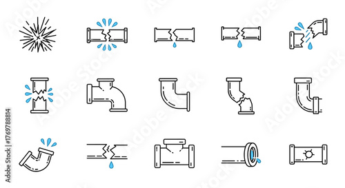 Collection of simple, isolated line icons depicting broken pipes and water leaks, perfect for web, books, cards, and apps. This editable stroke vector cartoon illustration features various pipe