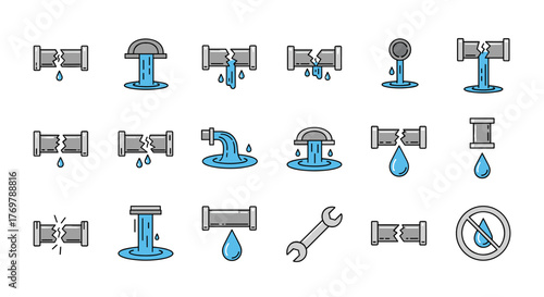 Set of minimalistic thin line icons representing broken pipes, water leaks, dripping water, and plumbing repair tools, suitable for web design, app interfaces, banners, social media, and graphic