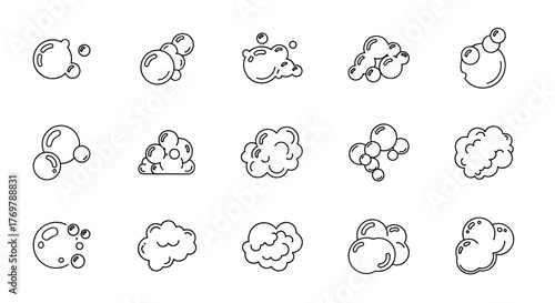 A set of six distinct bubble and foam outline symbols, presented as a vector cartoon illustration on a clean white background, perfect for graphic design, book illustrations, advertisements, and app