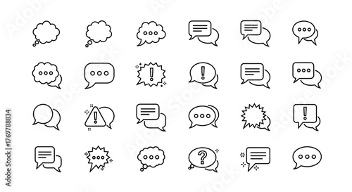 A vibrant collection of diverse speech bubble line icons, presented as outline signs perfect for graphic and web design, mobile applications, advertising campaigns, and various card designs, offering