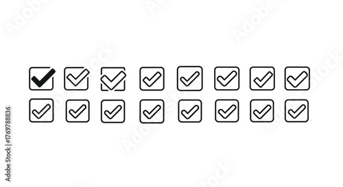 A clean and modern vector illustration featuring a grid of outline boxes, each containing a checkmark symbol. One box is filled with a darker shade, indicating selection or completion, against a