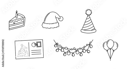 Festive Icon Set: A charming collection of hand-drawn vector illustrations featuring a birthday cake with a holiday hat, a decorative garland, a whimsical balloon, and a postcard, perfect for adding