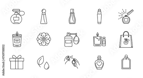 A curated collection of minimalistic linear pictograms representing various perfume and fragrance-related items, ideal for web and graphic design, app interfaces, banners, social network content, and