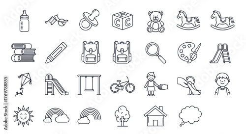 Collection of childhood outline icons, editable stroke, perfect for infographics, articles, books, flyers, banners, vector cartoon illustration with a white background, featuring baby bottle, rattle