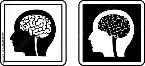 Neurology Signs. Black and White Vector Icons. Head and Human Brain. Treatment of Nervous System Diseases. Hospital Department Sign