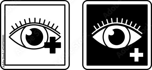 Ophthalmology Signs. Black and White Vector Icons. Human Eye and Plus Sign. Eye Disease Treatment. Hospital Department Sign