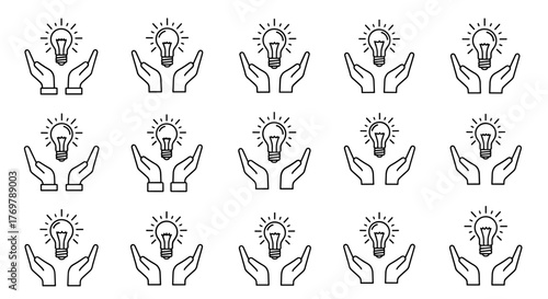A modern outline style icon of a light bulb symbolizing ideas and innovation, held gently over open hands, presented on a clean white background. This versatile vector cartoon illustration is perfect