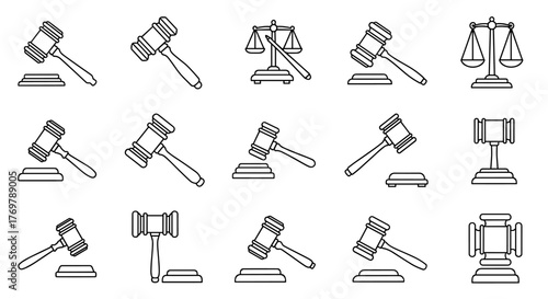 Collection of judicial gavel outline icons, featuring editable strokes, perfect for infographics, articles, books, flyers, and banners, presented as a vector cartoon illustration with a clean, modern