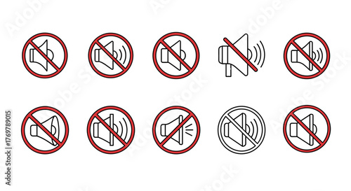 Collection of Red Prohibition Symbols and a Diagonal Line on a Black Background, Representing Restrictions, Bans, and Warnings, Ideal for Graphic Design Elements, Apps, and Advertisements