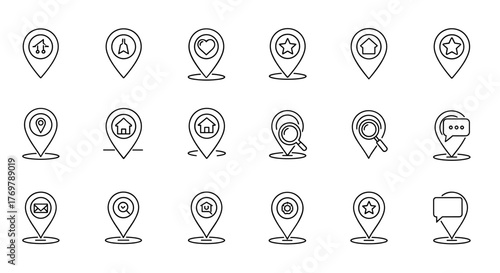 Minimalistic linear map pin line icon set with editable stroke, featuring a collection of essential pictograms for design of cards, apps, banners, and posts, presented as a vector cartoon