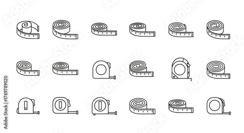 Set of thin line icons representing measuring tapes, perfect for web, books, cards, and apps. This vector cartoon illustration features editable strokes and a clean white background, showcasing