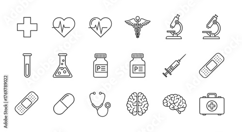 Medical Cross Thin Line Icon Set: Outline Signs for Graphic and Web Design, Apps, Adverts, Various Cards, Vector Cartoon Illustration with a White Background. A collection of essential healthcare