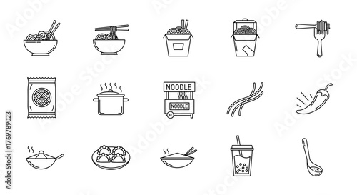 A collection of minimalistic line icons representing various noodle dishes and related food items, perfect for web design, graphic design, apps, banners, social networks, and cards. This vector