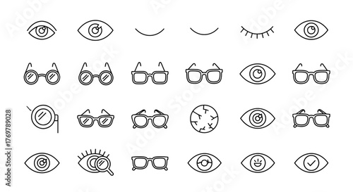 A vibrant collection of eye and glasses-related line icons, presented as outline signs perfect for graphic and web design, mobile applications, advertisements, and various card designs. This vector