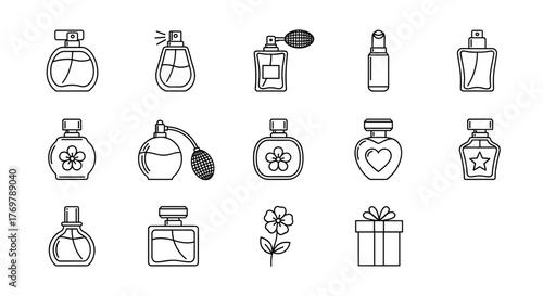 Collection of outline perfume bottles and a gift box, presented as linear symbols for graphic and web design, apps, adverts, and various cards. This vector cartoon illustration features diverse