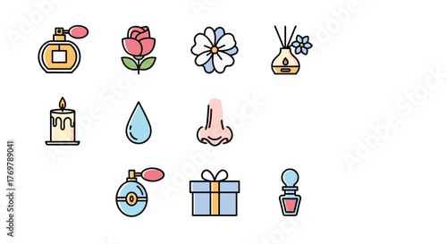 A collection of flat design icons related to perfume and scent, featuring a perfume bottle, rose, flower, diffuser, candle, water drop, nose, gift box, and essential oil bottle, perfect for web