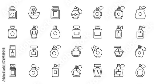 Collection of outline perfume bottles and atomizers, presented in a linear, minimalist style, perfect for graphic design, web, apps, and advertising. This vector illustration set features a variety