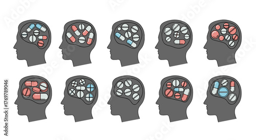 Conceptual illustration of a human head silhouette filled with various pills and capsules, symbolizing mental health, medication, treatment, and cognitive processes. The graphic features a clean