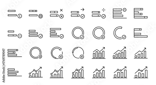 Collection of thin line icons representing progress bars and growth diagrams, perfect for web sites, books, cards, and apps. This editable stroke vector cartoon illustration set offers versatile