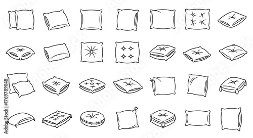 Collection of outline icons representing pillows and cushions, featuring editable strokes and a clean, modern design, perfect for infographics, articles, books, flyers, and banners, presented as a