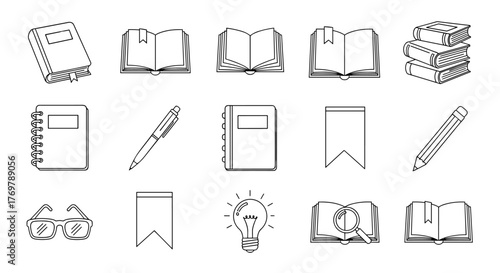 Set of book, bookmark, diary, glasses, pen, pencil, and light bulb line icons. Outline signs for graphic and web design, apps, adverts, various cards, vector cartoon illustration. Collection of