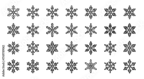 A collection of 24 unique, minimalistic, and editable line icons of snowflakes, presented in a grid format on a black background. Each snowflake features a clean, linear pictogram design with a