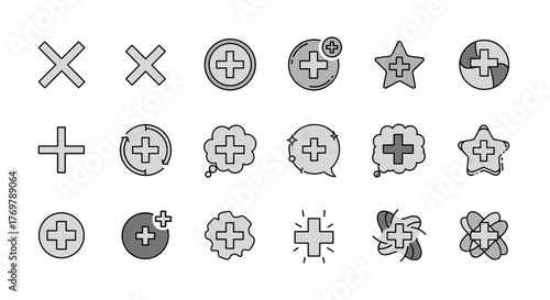 Collection of Plus and Add Icons in Various Shapes and Styles, including Circles, Stars, and Speech Bubbles, with Editable Stroke, Perfect for UI Elements, Placards, Books, Apps, and Websites. Vector