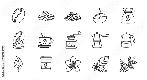 Collection of stylized coffee-related icons in a clean, linear outline style, perfect for graphic and web design, apps, adverts, and various cards. Includes coffee beans, steaming cups, grinders