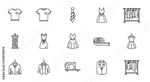 Modern Line Icon Pack for Sewing and Garments, Featuring a Collection of Linear Images Including T-Shirts, Dresses, Ties, Measuring Tapes, Sewing Machines, Jackets, and Clothing Racks, Ideal for Web