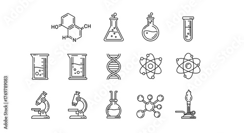 Set of Chemistry and Science Related Line Icons with Editable Stroke, Perfect for Design, Websites, Apps, and Cards, Featuring Linear Images of Chemical Compounds, Laboratory Flasks, Beakers, DNA