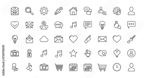 A comprehensive collection of 40 minimalist line icons, meticulously designed for clarity and versatility, featuring common symbols like hearts, cameras, lightbulbs, houses, and shopping carts, all