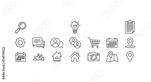 A clean and modern line icon set featuring essential symbols for digital interfaces, including search, settings, chat, user profiles, shopping cart, calendar, lightbulb, document, location pin, map