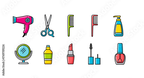 Vibrant and colorful vector cartoon illustration of essential beauty and hair salon tools, including a hairdryer, scissors, combs, a mirror, lotion bottle, lipstick, mascara, and nail polish