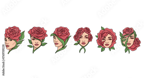Set of six stylized female faces with roses integrated into their hairstyles, presented in a clean vector cartoon illustration style. Each portrait showcases unique floral arrangements and facial