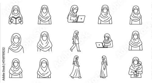 Set of linear minimal icons depicting women wearing hijabs in various activities: reading a book, working on a laptop, walking, and holding a baby, presented as a clean vector cartoon illustration on