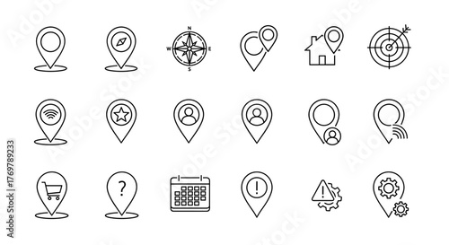 Location vector icon set, point illustration sign collection, position symbol, place logo, ordered line icon set on white background, representing navigation, business, and communication elements