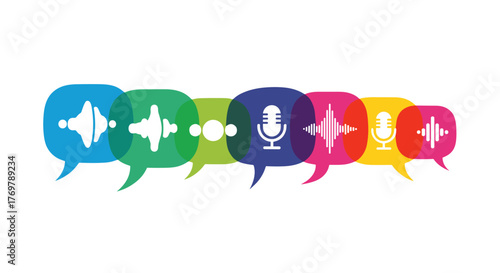 Vibrant overlapping color bubble chats featuring podcasting icons like microphones and sound waves, symbolizing communication and audio content creation, presented as a clean vector cartoon